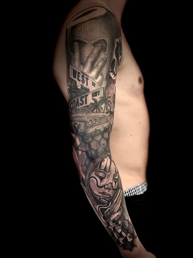 Kompletter Arm im Chicano-Stil mit Porträt und Schriftzug
